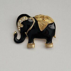 Pendant Brooch Black Enamel Rhinestone Gold-tone Elephant